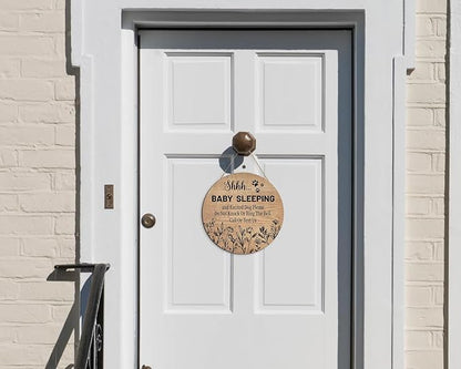 Pigort Funny Baby Sleeping Hanging Sign Plaque, Do Not Knock Or Ring The Bell (12x12inch) (Round-Brown)