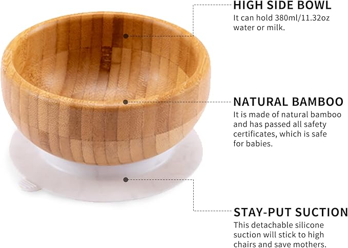 Baby Divided Bamboo Plates, Bowls with Suction and Matching Spoon Set, 3 Piece Feeding Supplies Set for Infant, Toddlers, Detachable Silicone Suction Stay Put Base for Wooden Bowl, Plate