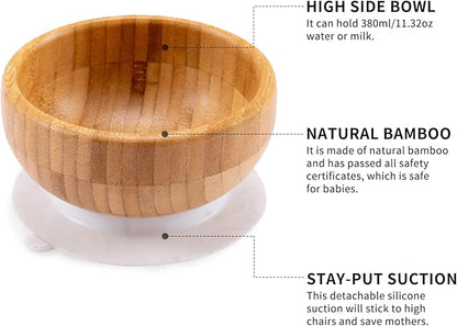 Baby Divided Bamboo Plates, Bowls with Suction and Matching Spoon Set, 3 Piece Feeding Supplies Set for Infant, Toddlers, Detachable Silicone Suction Stay Put Base for Wooden Bowl, Plate