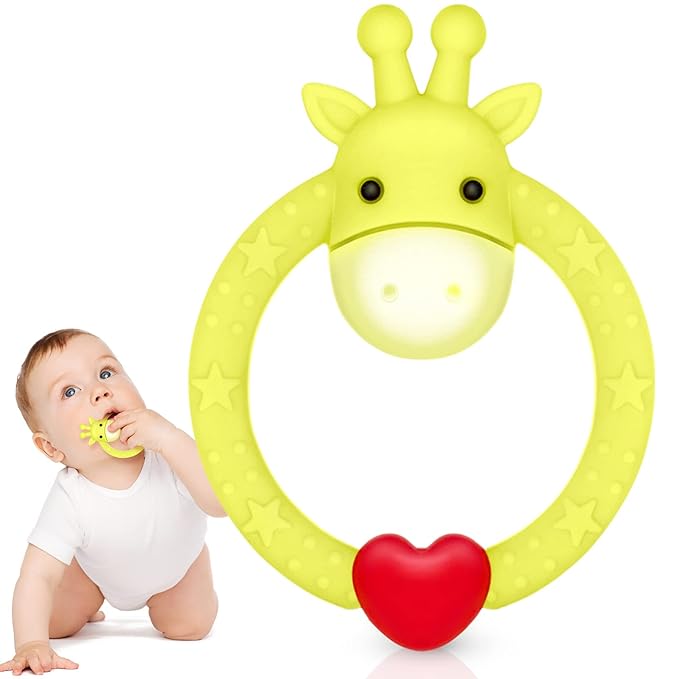SHARE&CARE BPA Free Silicone Giraffe Baby Teether Toy with Storage Case, for 3 Months Above Infant Sore Gums Pain Relief and Baby Shower