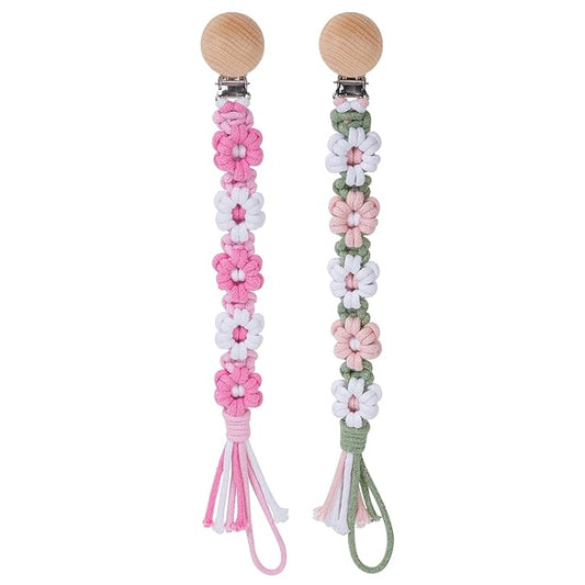 Pacifier Clip for Boys Girls Floral Daisy Macrame Baby Paci (2pack:Pink &