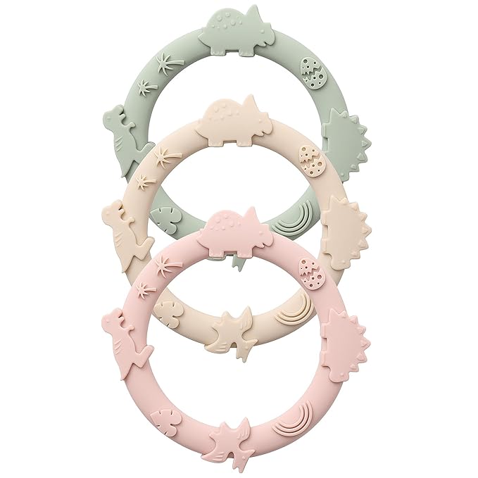 Silicone Teethers for Babies 0-6 6-12 Months Teething Toys 3 Pack-Dinosaur-Blush