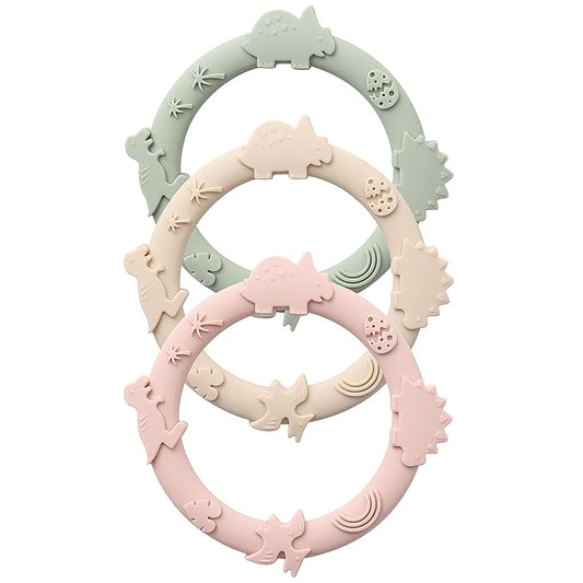 Silicone Teethers for Babies 0-6 6-12 Months Teething Toys 3 Pack-Dinosaur-Blush