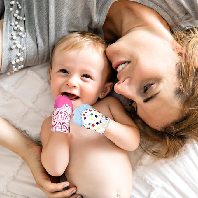 2Pack Silicone Teething Mitt, Soothing Infant Teething Mitten Pain Relief 0-12 Months