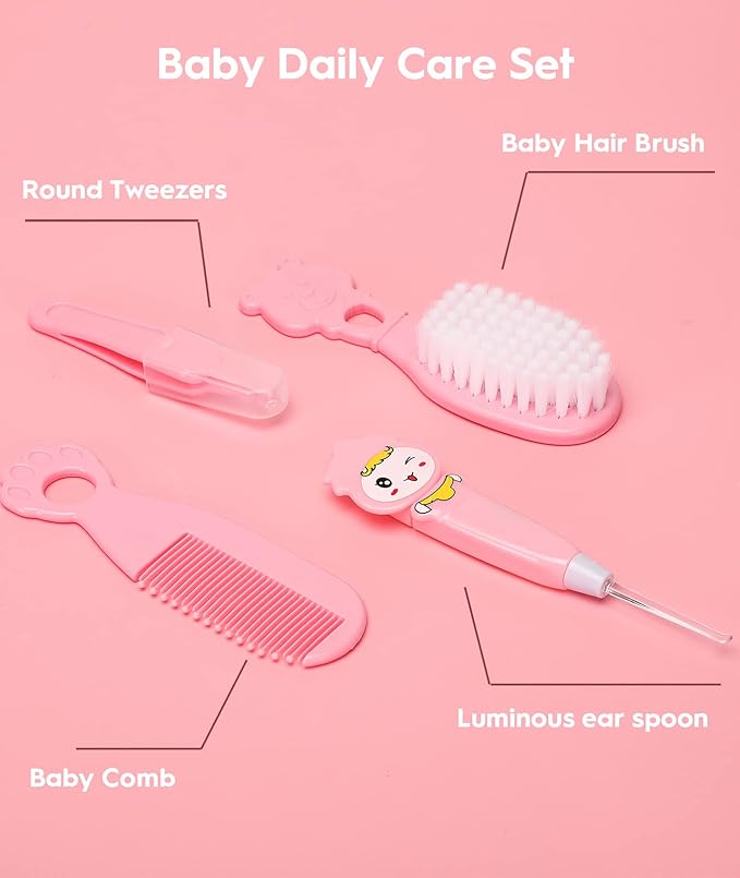 Baby Healthcare and Grooming Kit, Safety Newborn Nursery Baby Care Kit, with Hair Brush Comb, Nail Clipper, Thermometer, Pacifier Clip, Baby Registry Search, Newborn Essentials Girls Boys (Pink)