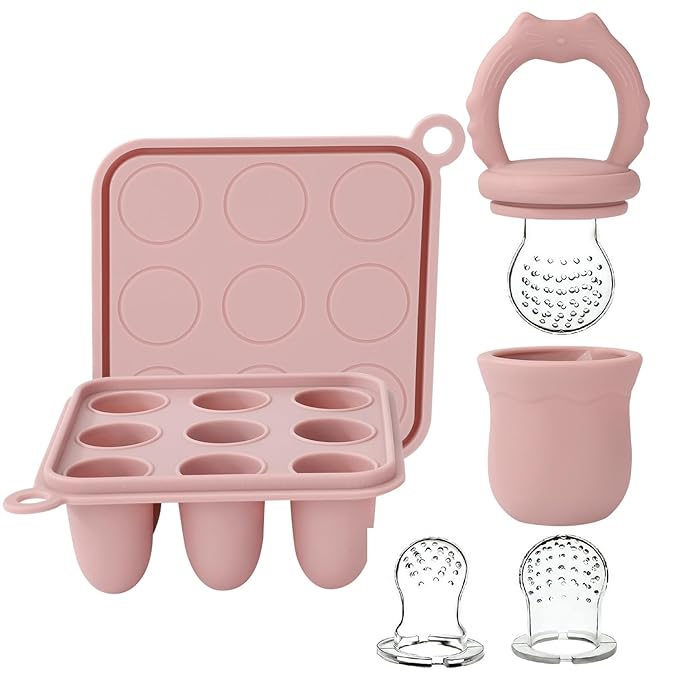 Socub Silicone Baby Fruit Food Feeder & Baby Food Freezer Tray Set, Milk Popsicle Molds for Baby Teething Relief 3 Sizes