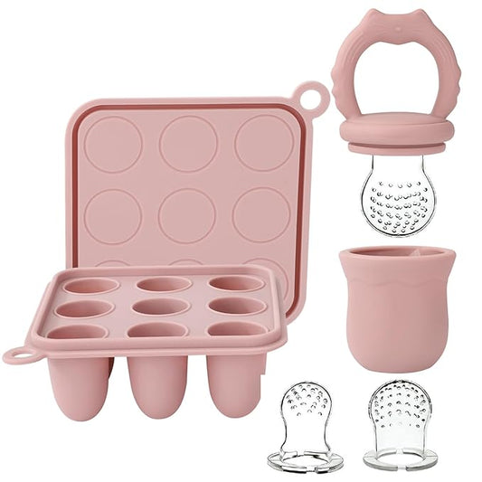 Socub Silicone Baby Fruit Food Feeder & Baby Food Freezer Tray Set, Milk Popsicle Molds for Baby Teething Relief 3 Sizes