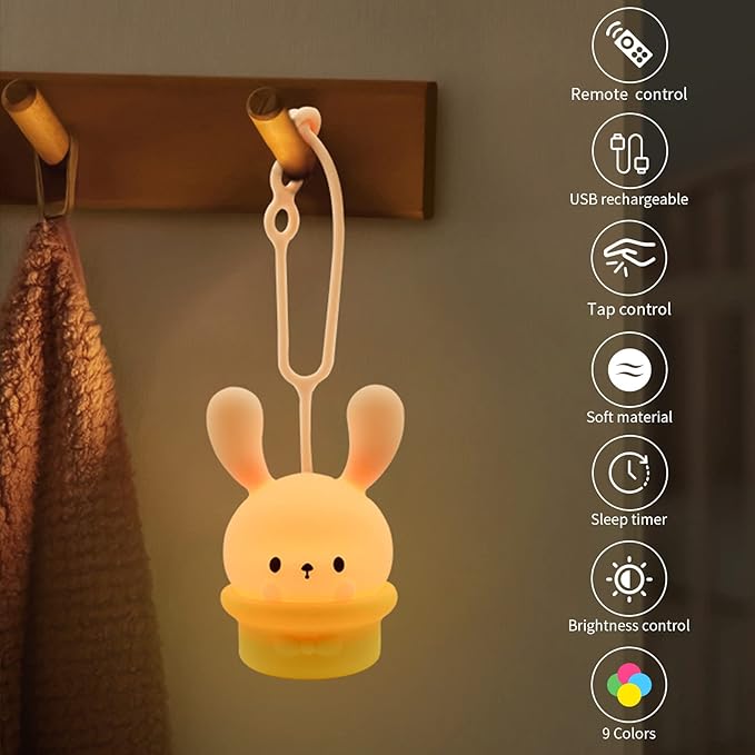 Night Light for Baby Cribs - Nightlight With Timing & Dimming Function 9 Colors Changing Eye Caring Portable Hanging Rechargeable Led Light Up Toddler Bed Room Travel Essentials Soft Silicone BPA Free