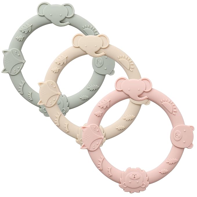 Silicone Teethers for Babies 0-6 6-12 Months Teething Toys 3 Pack-Animal-Blush