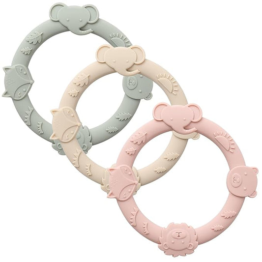 Silicone Teethers for Babies 0-6 6-12 Months Teething Toys 3 Pack-Animal-Blush