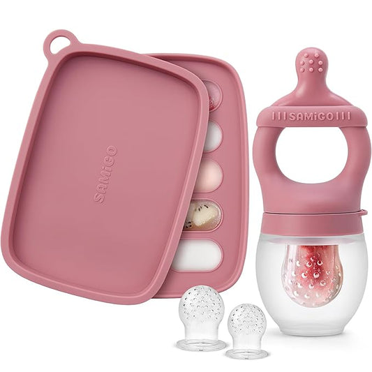 SAMiGO Baby Food Fruit Feeder and Breastmilk Popsicle Mold Set, Silicone Fruit Teether 4 Months+