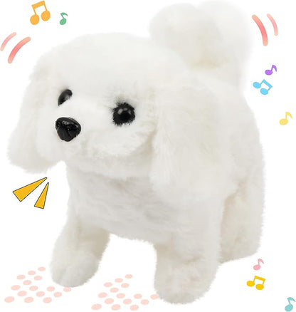 Hopearl Walking Dog Bichon Interactive Electronic Pet Plush Toy Puppy Woof and Moving Animated Nodding Head Gifts for Toddlers Birthday, White 7''