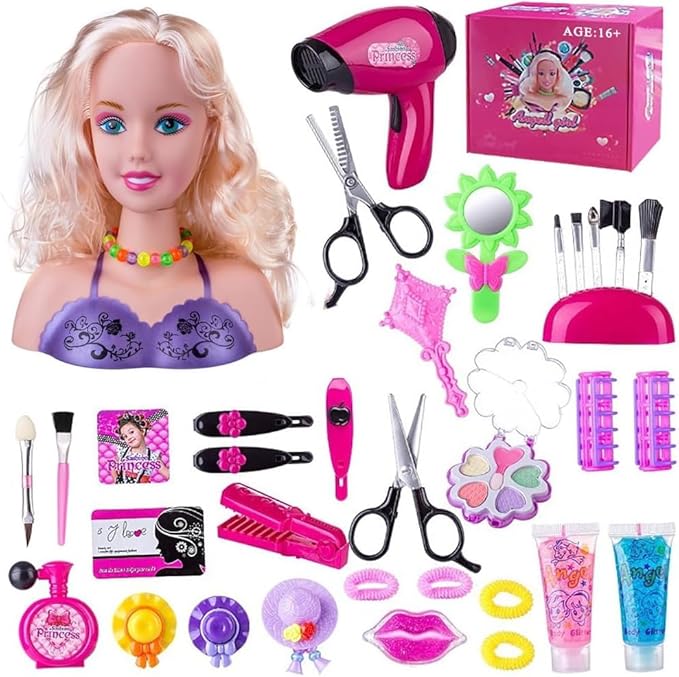 Makeup and Hair Styling Doll Head Toy Kit - 35Pieces Kids Pretend Play Set with Hair Dryer Washable Cosmetics Style Accessories, Makeup Practice Birthday Gifts for Girls