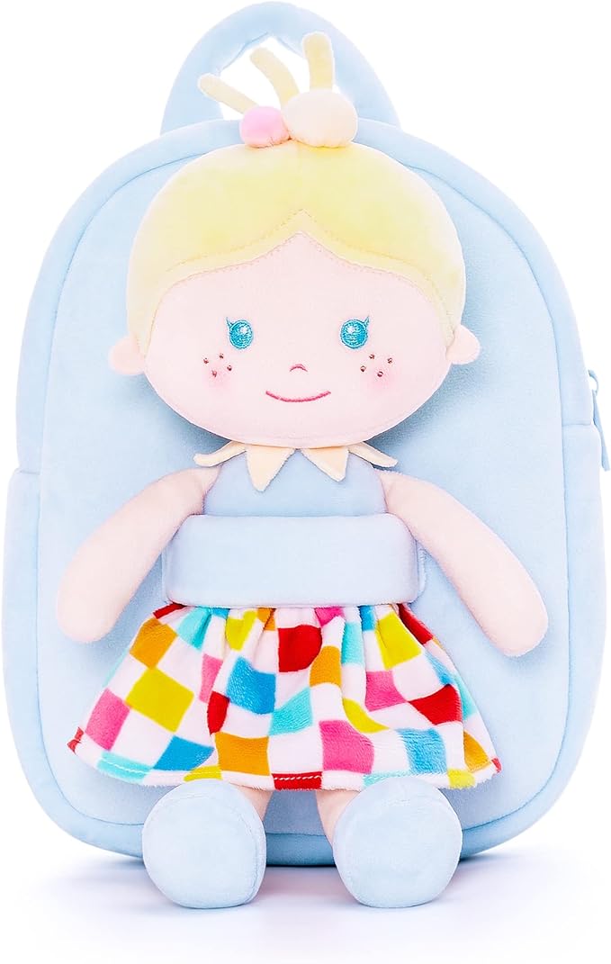 Onetoo Toddler Kids Backpack with Soft Baby Dolls in Plaid 9.5"