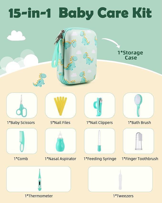 Lilian&Gema Baby Grooming Kit Newborn Boy, 15 in 1 Baby Safety Care Set, Portable Baby Healthcare Set with Baby Hair Brush and Comb, Baby Nail Kit, Nasal Aspirator, Perfect Gifts for Boys