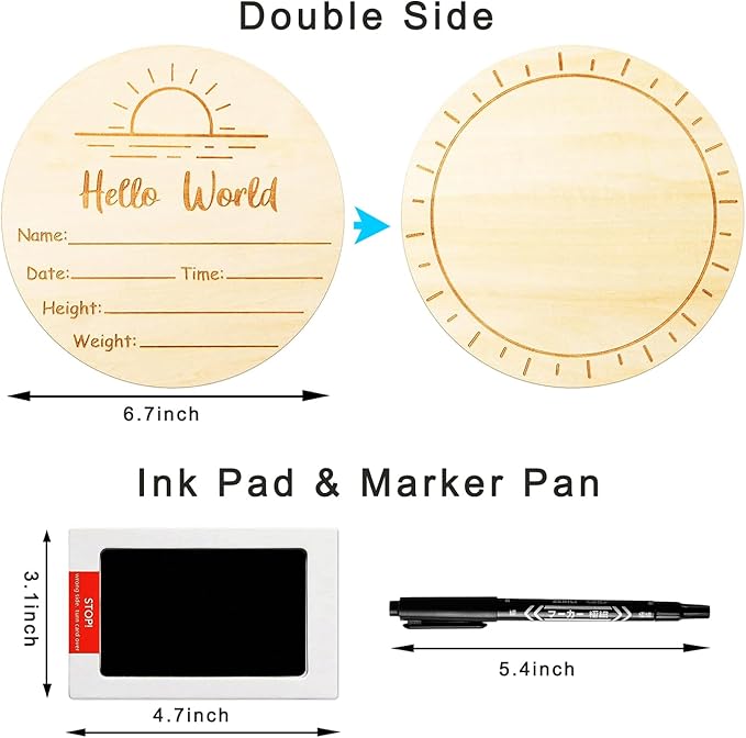 Hello World Baby Sign, 5.9" Baby Announcement Sign with Marker Pen-Not Bleed on Wood and Ink Pad 2 Sided