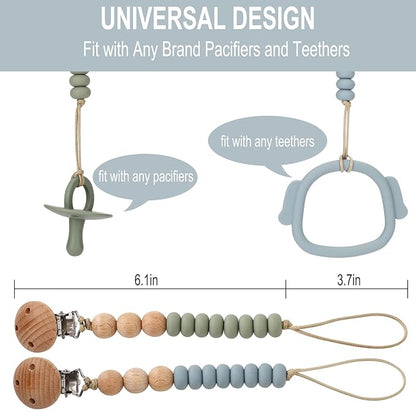 2 Pack Pacifier Holder Clips for Binky & Teether, Silicone Baby Pacifier Clip for Baby Girls(Sage