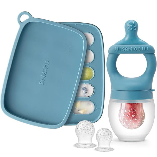 SAMiGO Baby Food Fruit Feeder and Breastmilk Popsicle Mold Set, Silicone Fruit Teether 4 Months+