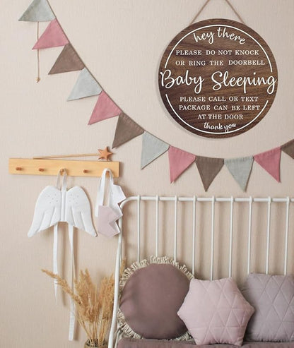 OLMIXA Baby Sleeping Wooden Sign (12x12 inch), Do Not Knock or Ring Door Knob Sign for Front Door