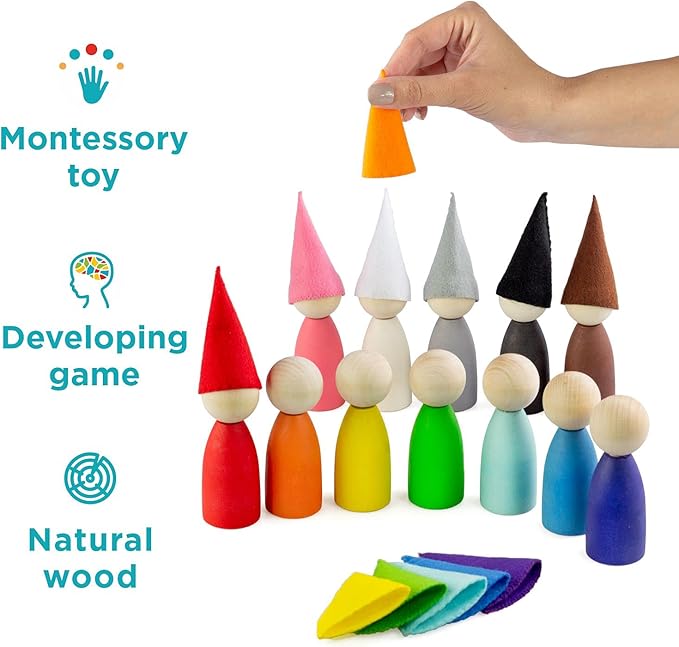 Ulanik Large Peg Dolls with Hats Toddler Montessori Toys for 3 Year Old + Kids Wooden Waldorf Dolls for Learning Color Sorting and Counting — 12 Gnomes, 3.35 in