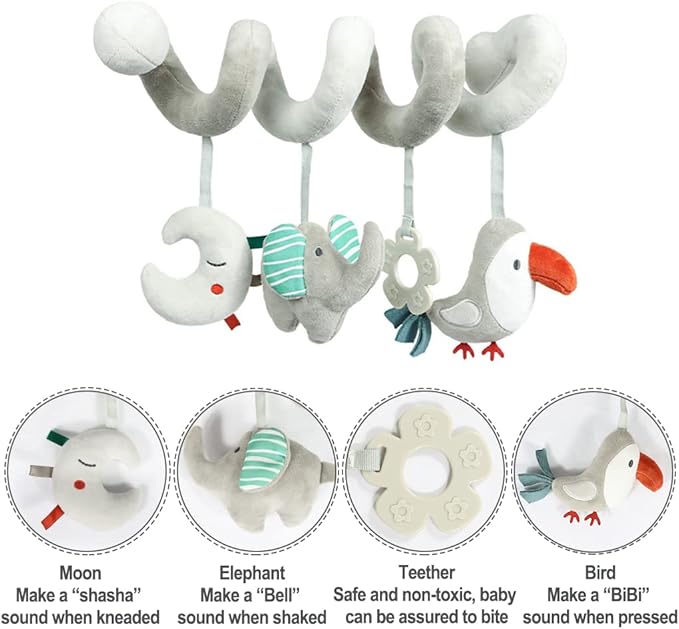 Baby Car Seat Toys, Activity Spiral Plush Hanging Wrap Around Pram Pushchair Stroller Toys, Sensory Early Education Toy for Toddler, Grey Elephant