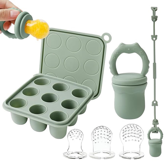 Baby Fruit Food Feeder Teether & Baby Food Freezer Tray Combo, Teething Popsicle Molds for Babies 4-6 12 Months