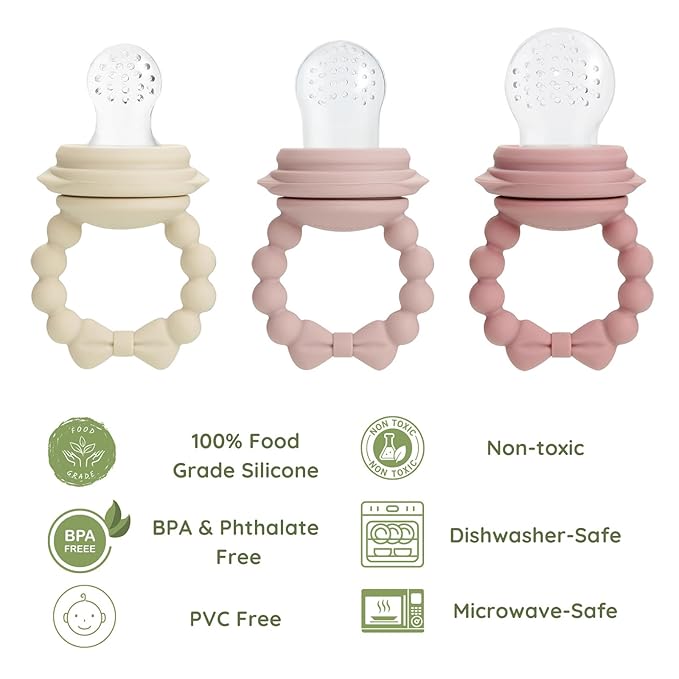 PandaEar 3 Pack Baby Fruit Food Feeder Pacifier with 3 Different Size Silicone Pouch, Silicone Teethers for Babies 3-6-12 Months
