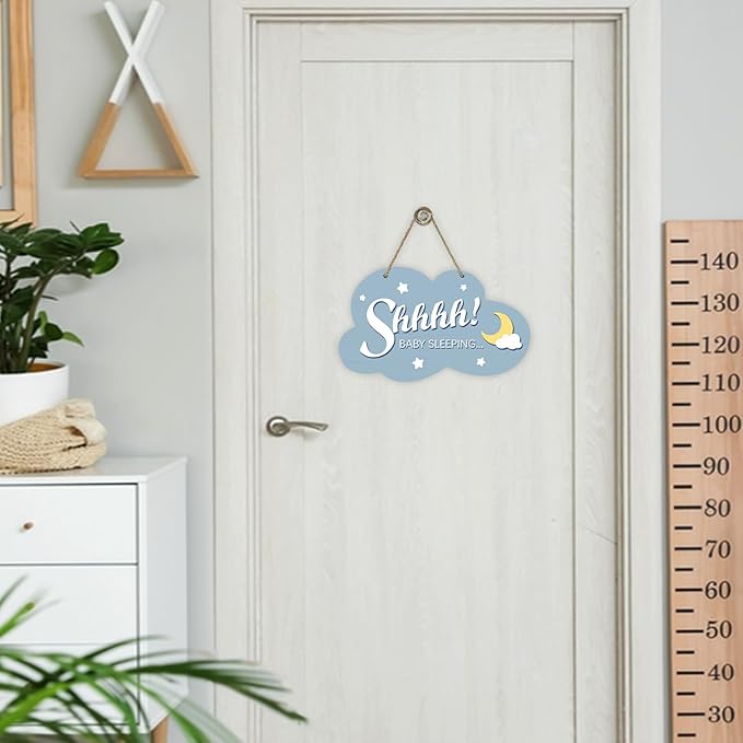 Shhhh Baby Sleeping Front Door Sign, Blue Cloud Wood Door Hanger Outdoor Outside Porch Nursery Decor