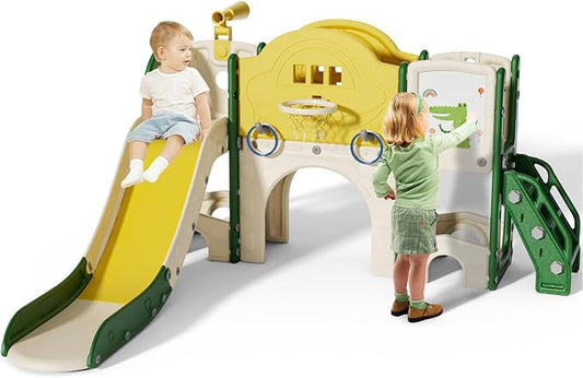 10 in 1 Toddler Slide for Toddlers Age 1-3, Extra-Long Slide with Basketball Hoop Indoor and Outdoor Baby Climber Playset Playground Freestanding Slide (Large