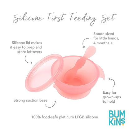 Bumkins Baby Bowl, Silicone Feeding Set with Suction for Baby and Toddler, Includes Spoon and Lid, First Feeding Set, Training Essentials for Baby Led Weaning for Babies 4 Months Up, Pink Jelly