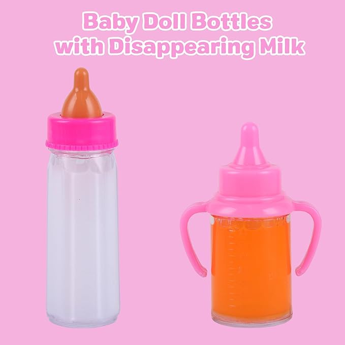 BABESIDE Baby Doll Bottles and Accessories 15 Pcs Baby Doll Feeding Set Including Diaper Bag, Magic Bottles 12-15 Inches