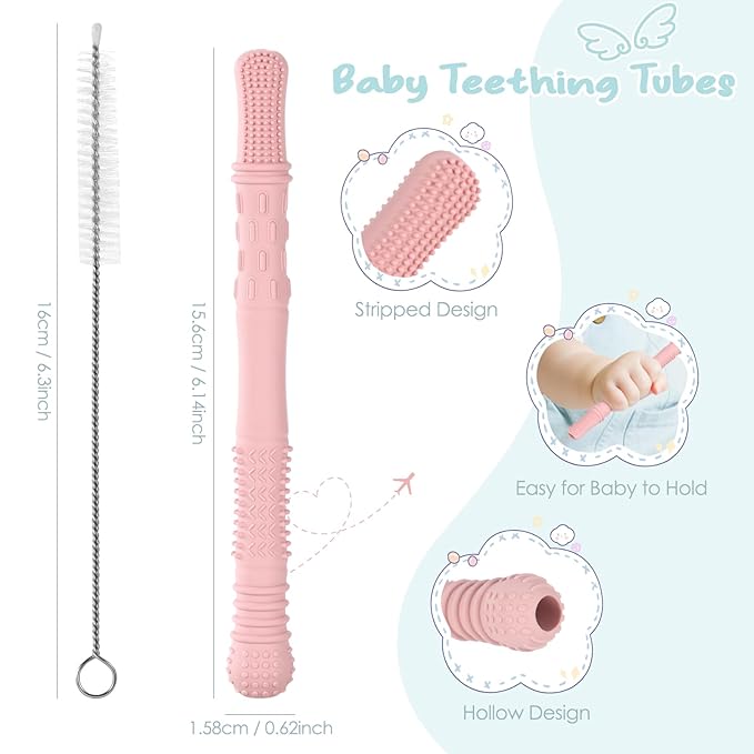 Baby Teething Tubes Teether Sticks, 4 Pack Silicone Hollow Teething 6-12 Months