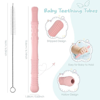 Baby Teething Tubes Teether Sticks, 4 Pack Silicone Hollow Teething 6-12 Months