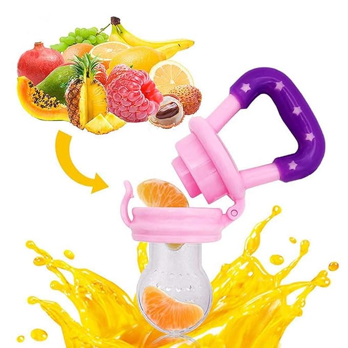 Baby Fruit Feeder by HAOBAOBEI, Frozen Teething Toys for Babies, Baby Fruit Pacifier Feeder with 3 Sizes Silicone Pouches, Baby Eating Essentials, BPA Free Baby Feeding Supplies -2 Pack (Pink Yellow)