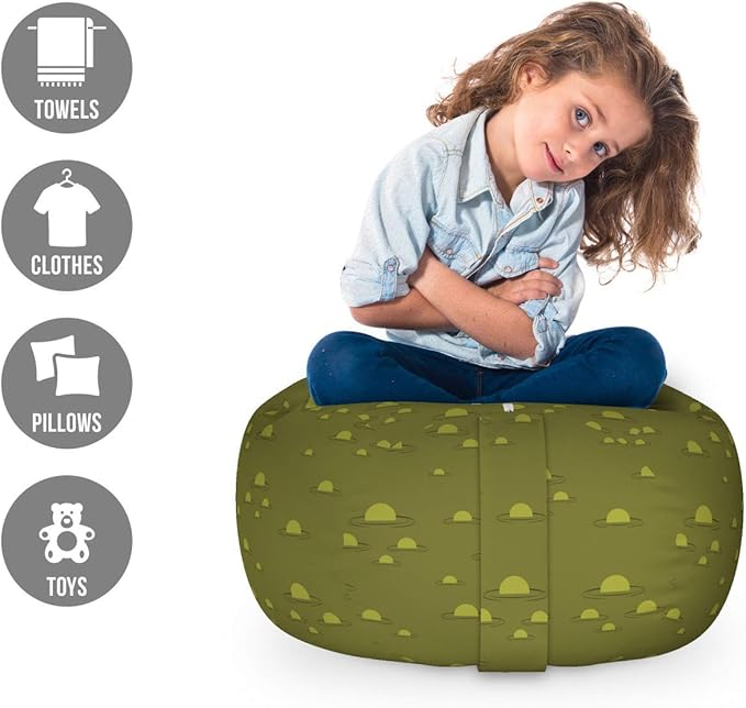 Lunarable Moss Green Storage Toy Bag Chair, Swamp Pattern with Bubbles Nature Eco Theme Environment Forest Monochrome, Stuffed Animal Organizer Washable Bag, Small Size, Pale Green
