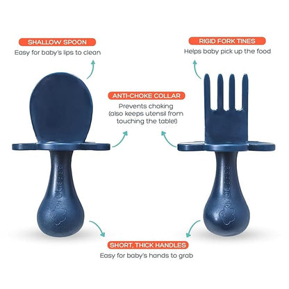 Grabease Baby Led Weaning Supplies - BPA-Free & Phthalate-Free Baby Spoons for Self Feeding - Toddler Fork & Spoon Set, Navy - Toddler Feeding Supplies - Training Forks for 1 Year Old