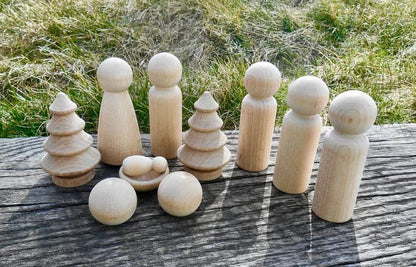 Nativity Wood Dolls, Baby Jesus and Manger, Mary, Joseph, 2 Blank Sheep, 3 Wisemen, 2 Miniature Trees, DIY Peg Dolls, Unfinished Pegs