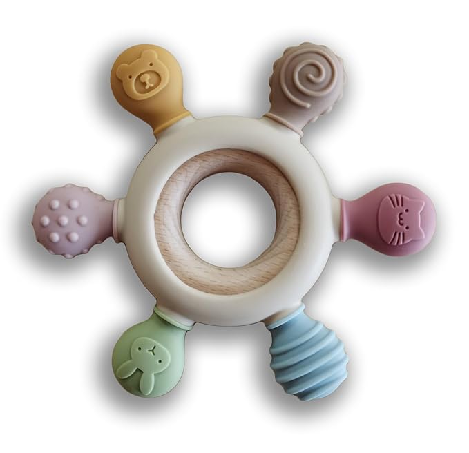 [BabyBite] Baby Teething Toys Silicone and Beechwood Baby Teether Ring 100% BPA 0M+