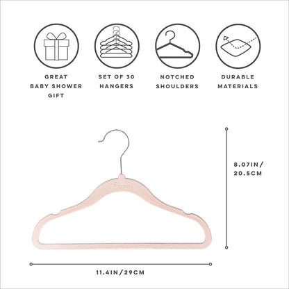3 Sprouts Velvet Baby Hangers - Non-Slip Hanger for Infant, Toddler, Baby Clothes - Closet Kids Hangers with Slim Design, Nordic Colors, Pack of 30 - Pink