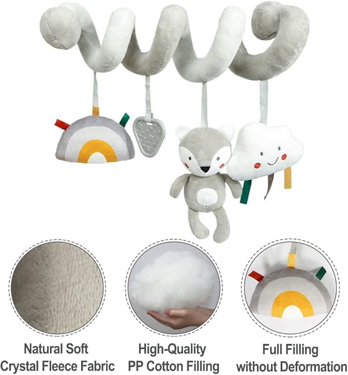 Baby Car Seat Toys, Activity Spiral Plush Hanging Wrap Around Pram Pushchair Stroller Toys, Sensory Early Education Toy for Toddler, Grey Fox