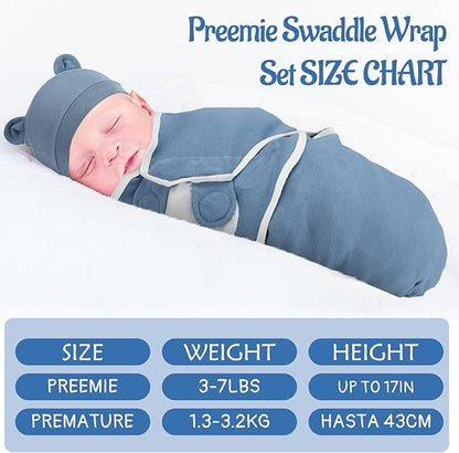 Buryeah 4 Pack Preemie Swaddle Blanket Wrap Set with Hat for Baby Boys Girls 3-7 Lbs Preemie Newborn Clothes Sleepers Cap