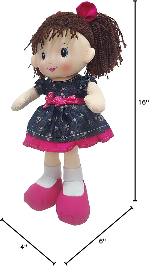 Linzy Plush 16" Libby Soft Plush Rag Doll with Navy Blue Dress and Printed Magenta Roses, Rag Doll for Girls (93864-2),L-93864-2