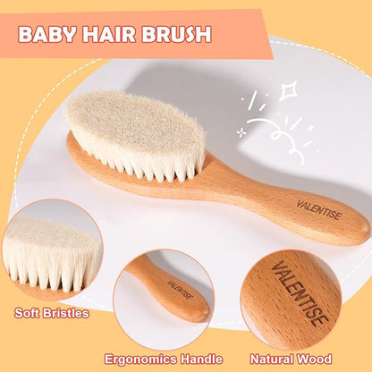 Baby Hair Bush and Comb Set,Baby Hair Brush with Soft Goat Bristle and Wood Comb Set,Wooden Baby Brush Set for Newborns & Toddlers,Good for Cradle Cap Brush