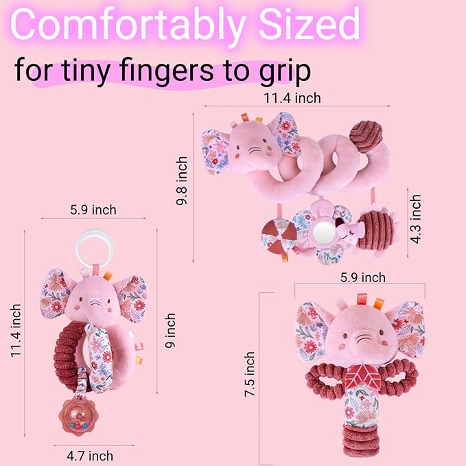 Infant Toys 0-6 Months Spiral Car Seat Toy - Baby Stroller Hanging Rattles Crib Toy Stuffed Animals for Babies 0-3-4-5-6-12 Month, Newborn Girl Boy Shower Gifts, Mirror Crinkle, Elephant 3PCS