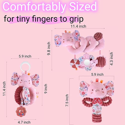 Infant Toys 0-6 Months Spiral Car Seat Toy - Baby Stroller Hanging Rattles Crib Toy Stuffed Animals for Babies 0-3-4-5-6-12 Month, Newborn Girl Boy Shower Gifts, Mirror Crinkle, Elephant 3PCS
