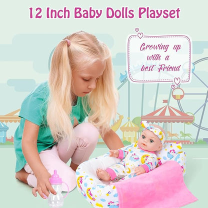12 Inch Baby Doll With Soft Crib Bassinet Bed,Sleep Time 3+ Kids