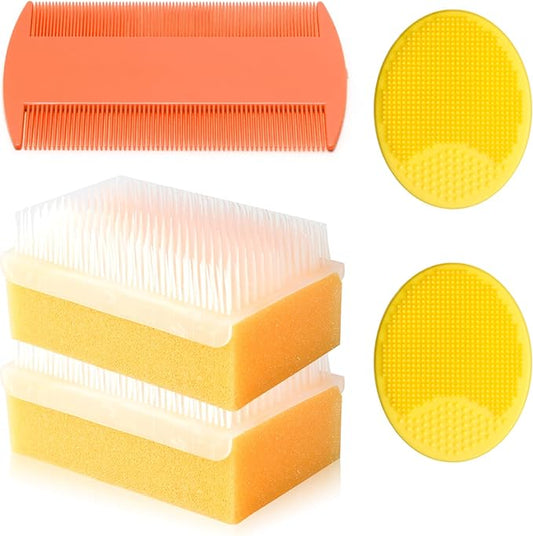 Cradle Cap Brush for Babies, 5Pcs Cradle Cap Treatment Set with Soft Bristle Brushes Silicone Scrubber Fine-Tooth Comb for Newborn Bathing Essentials Baby Brush and Comb Set (Orange)