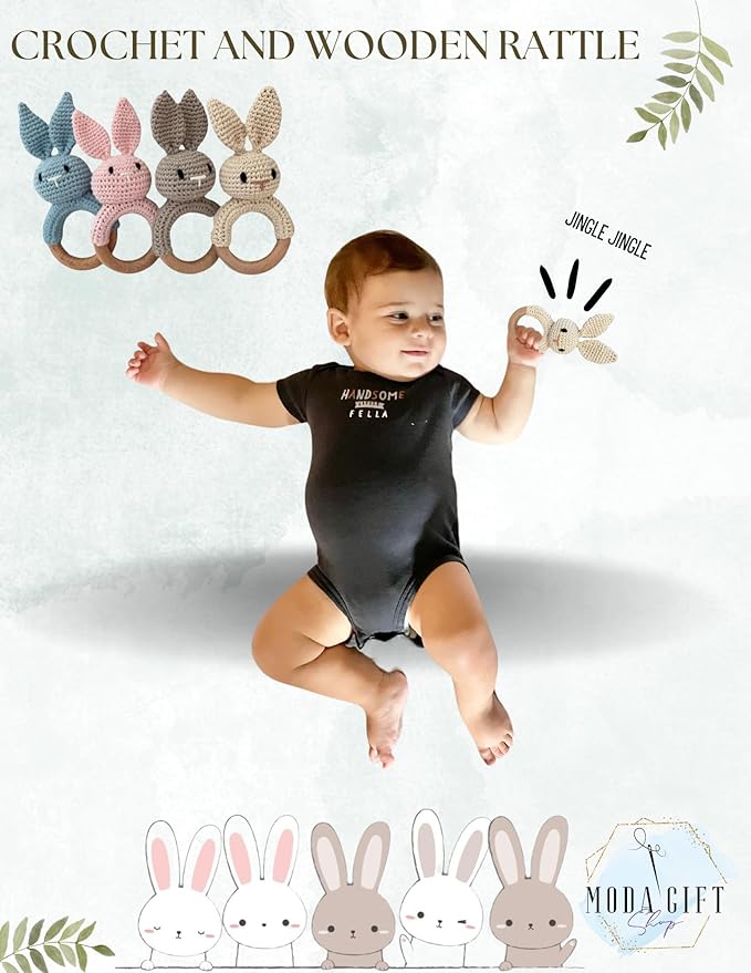 Baby Gift Rattle and Teether Toy Handmade Crochet, Safe and Non-Toxic Beechwood