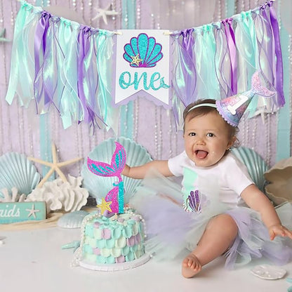 Mermaid 1st Birthday High Chair Banner Purple Party Decorations Mermaid