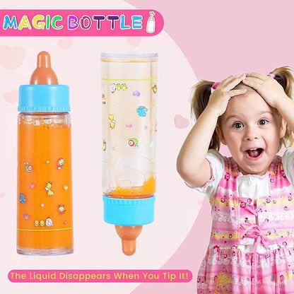 Magic Disappearing Milk and Juice Bottles with Pacifiers for Baby Doll Accessories,6 Pieces Pretend Play Feeding Toy Set 4 Bottles 2 Pacifiers